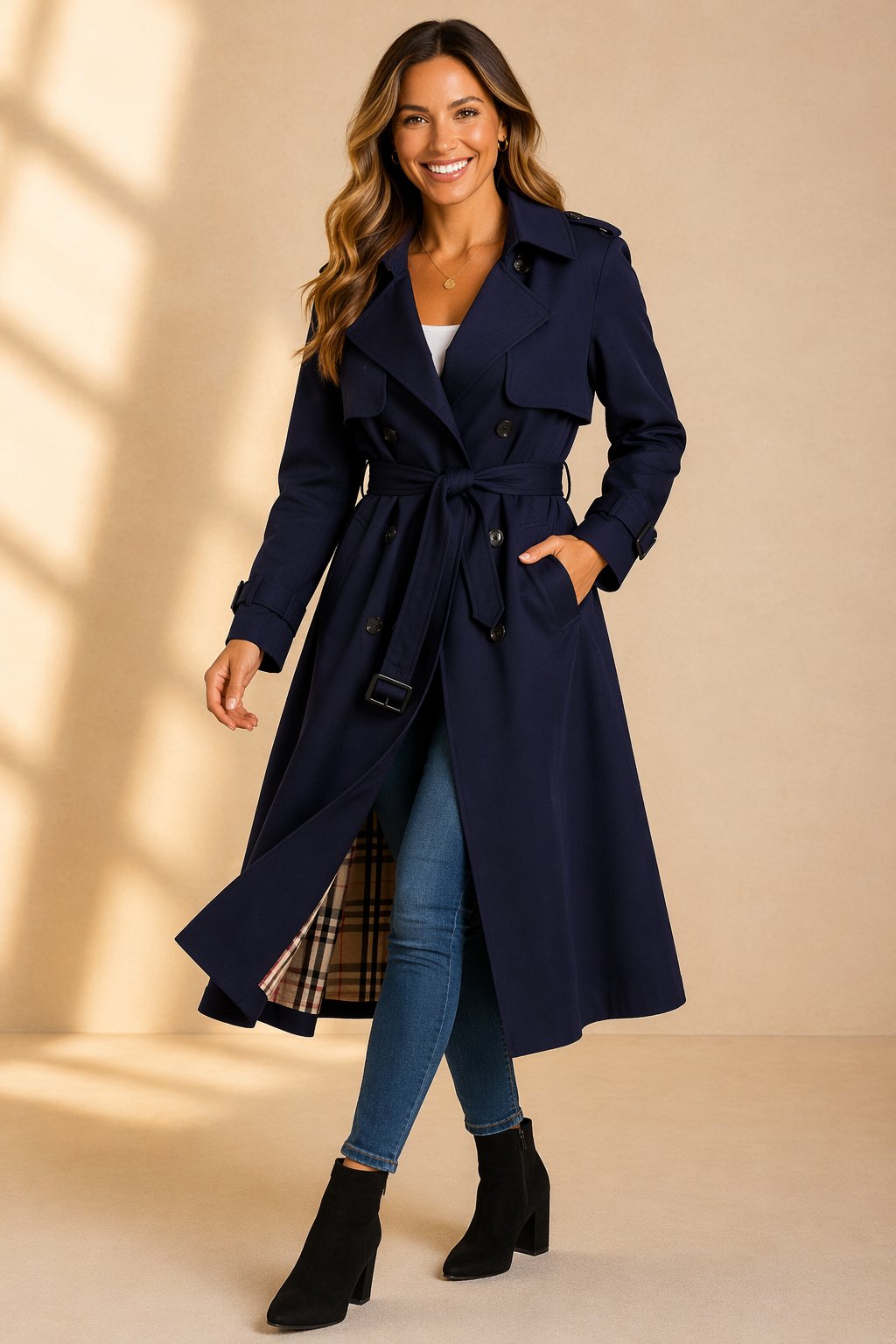 Rebecca | Elegant Long Double-Breasted Belted Trench Coat