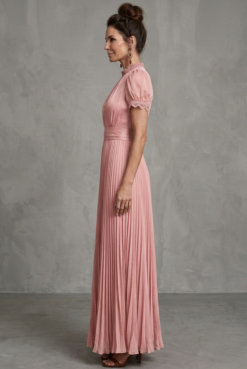 Elara | Lace-Trim Pleated A-Line Maxi Dress
