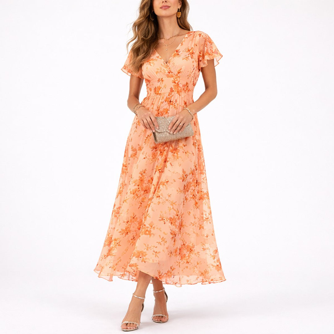 Emilia | Soft Fall Wedding Floral Chiffon Flutter Sleeve Maxi Dress