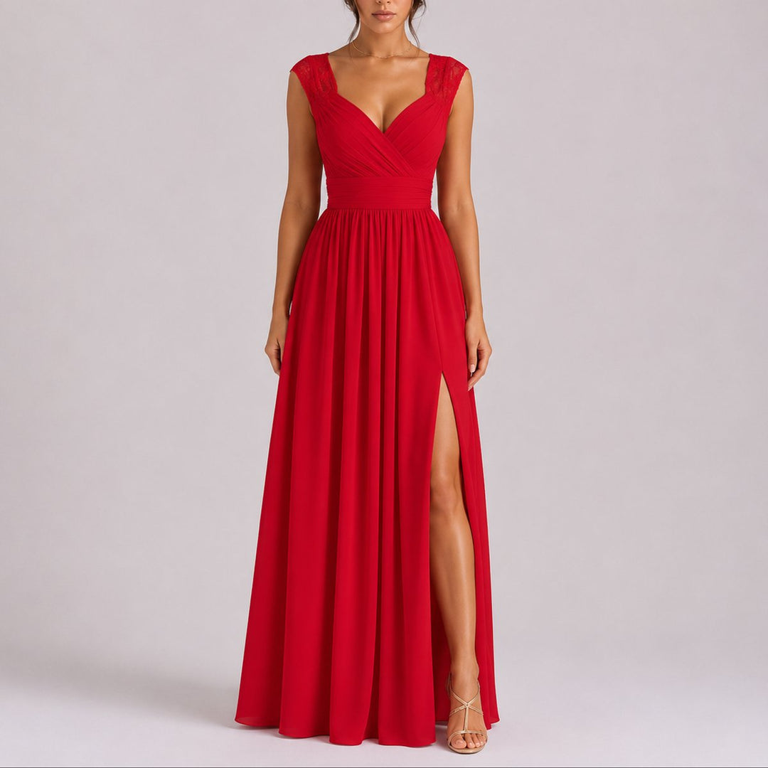 Ruby | Trendy Fall Wedding Lace Shoulder Wrap Maxi Dress