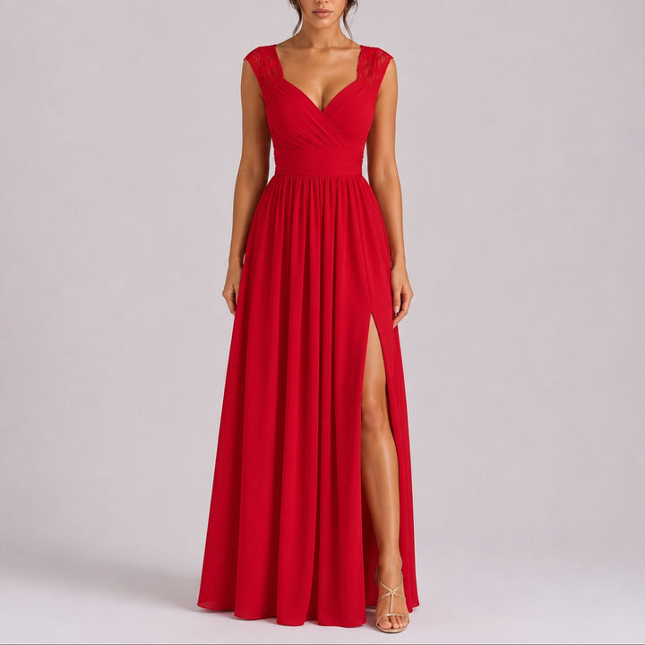 Ruby | Trendy Fall Wedding Lace Shoulder Wrap Maxi Dress